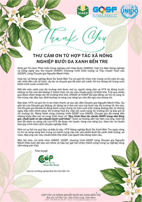 THƯ CẢM ƠN: HÀNH TRÌNH VƯƠN RA THỊ TRƯỜNG TOÀN CẦU CỦA TRÁI BƯỞI DA XANH BẾN TRE
